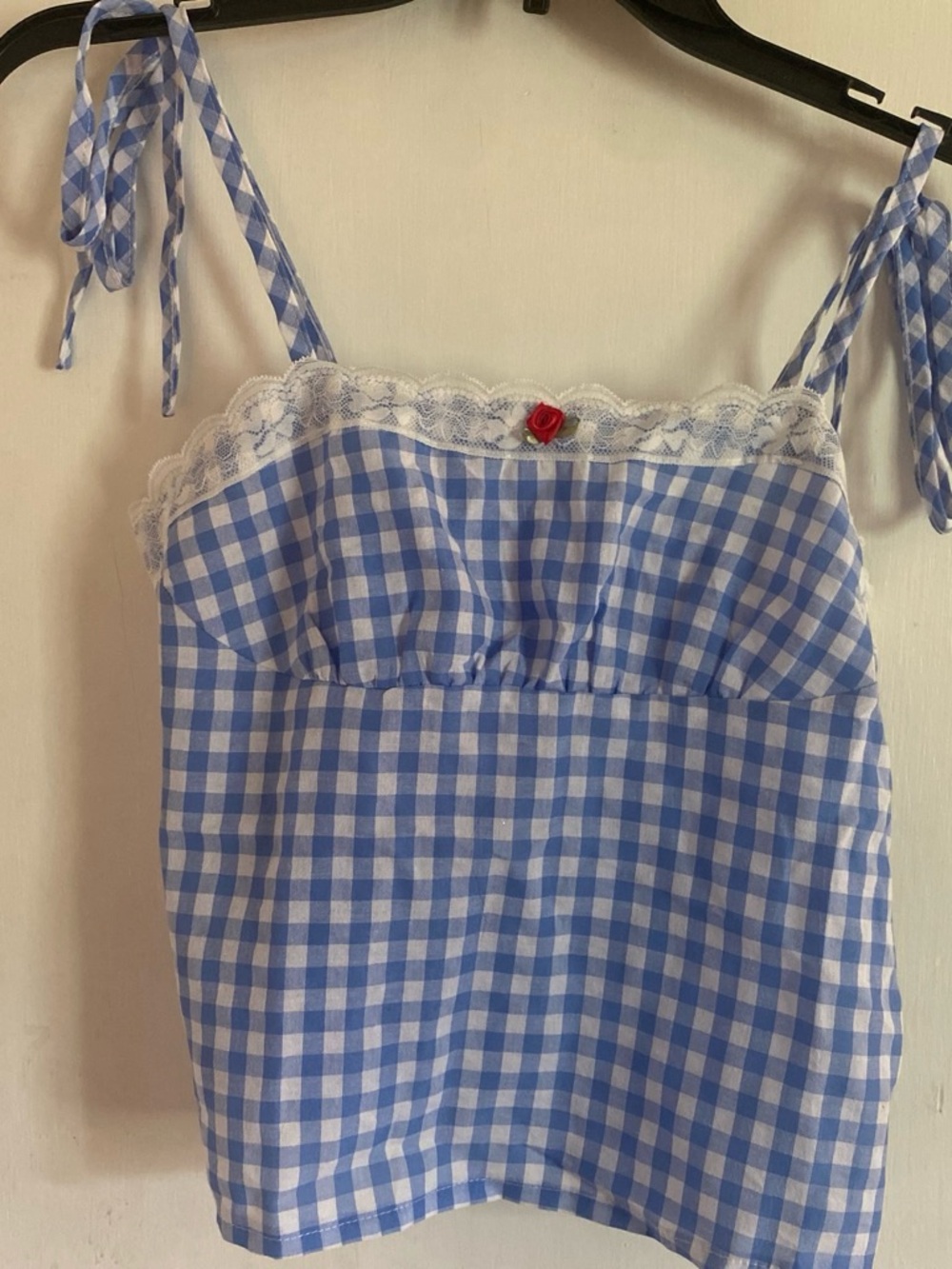 Amazon Blue and White Gingham Tie-Strap Tank Top